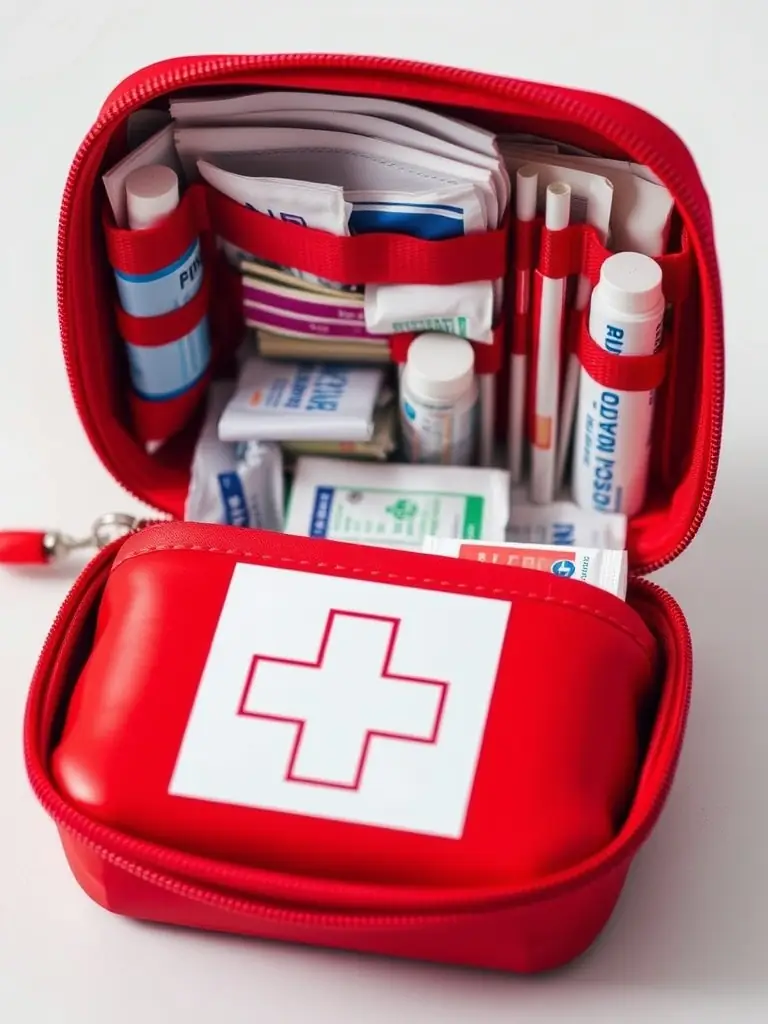 A well-stocked first aid kit, open to display its contents, including bandages, antiseptic wipes, and pain relievers, suitable for home use.