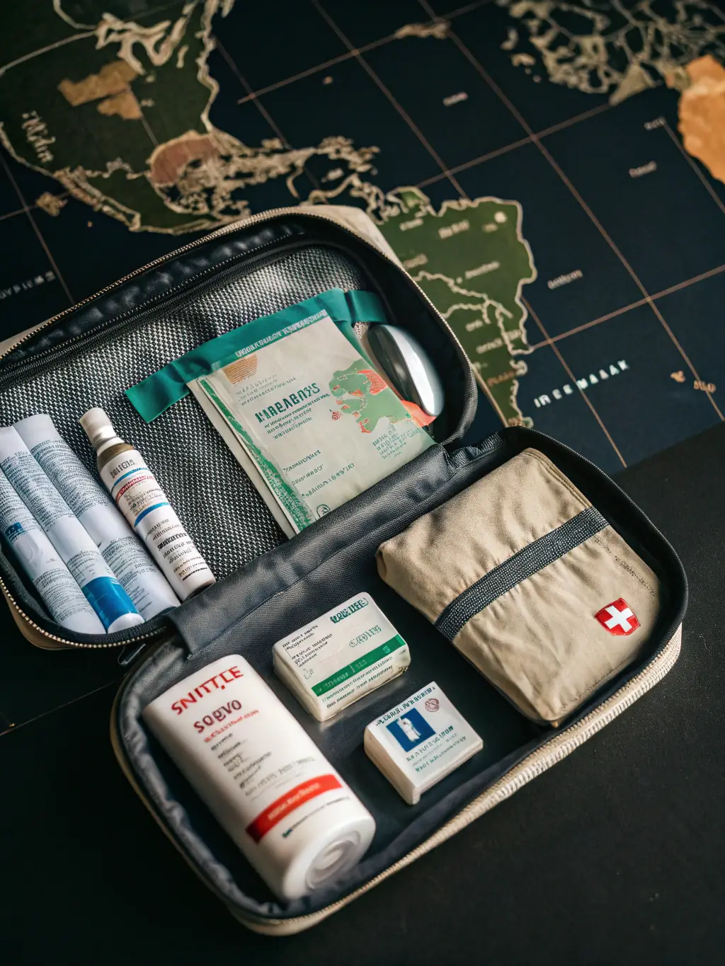 A compact first aid kit designed for travel, featuring a durable case and essential supplies for on-the-go emergencies.